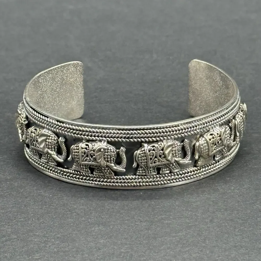 STS Indonesia 925 Sterling Silver Elephant Parade Wide Cuff Bracelet 40g